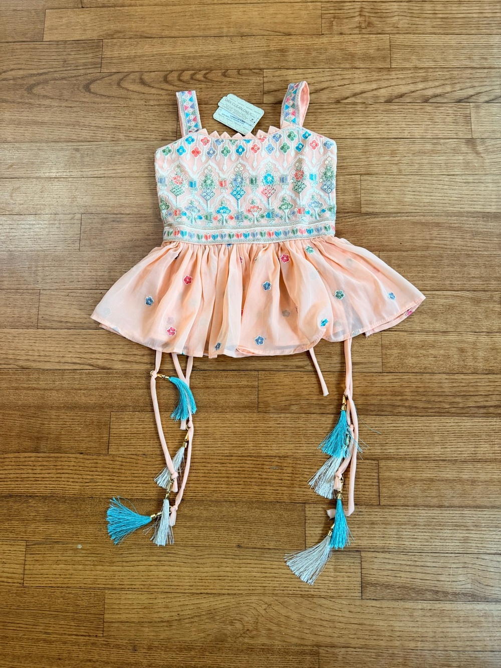 NWT Tehzeeb Girls Peach Embroidered Sharara Kurti Top Tassels Festive Size 18
